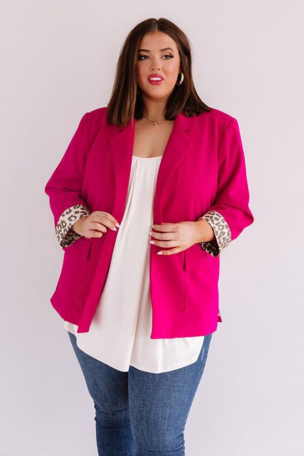 hot pink blazer dress plus size Plus Size Women's Bright Pink Mini Blazer Dress, With Pockets, Satin Bow, Short Sleeve, Elegant A-Line Silhouette, Business Casual, Academic Style, Formal Party Dress