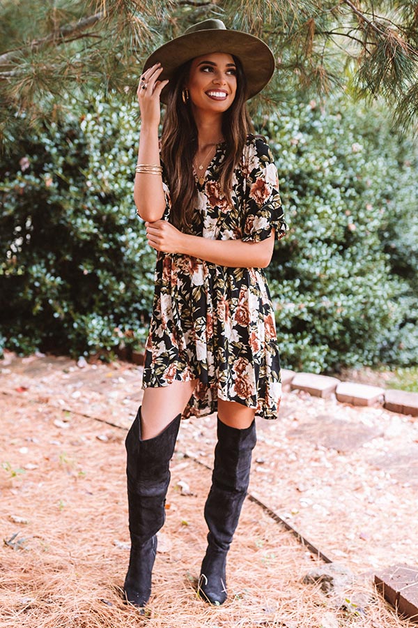 black dress with brown cowgirl boots Folk Song Floral Tunic Dress In Black – Impressions Online Boutique