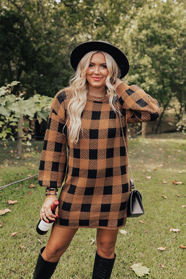 Fall Transition Plaid Sweater Dress In Camel Fall Transition Plaid Sweater Dress In Camel
