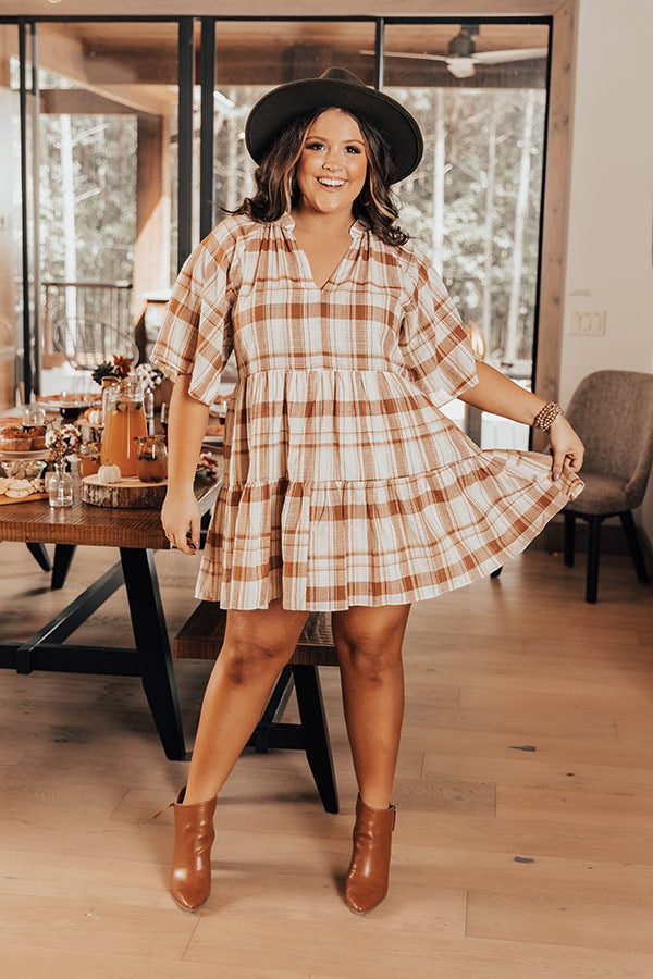 Boho In Soho Plaid Shift Dress in Camel Curves Boho In Soho Plaid Shift Dress in Camel Curves