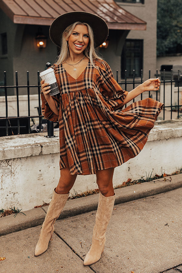Yearn For More Plaid Babydoll Dress in Camel Yearn For More Plaid Babydoll Dress in Camel