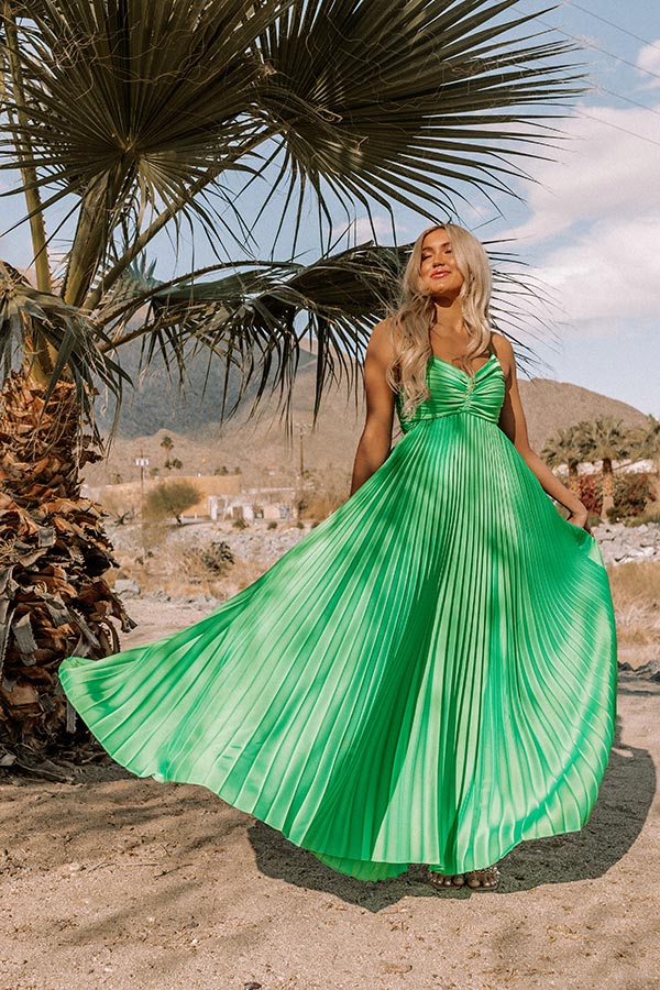 Take My Breath Away Satin Pleated Maxi In Kelly Green Take My Breath Away Satin Pleated Maxi In Kelly Green
