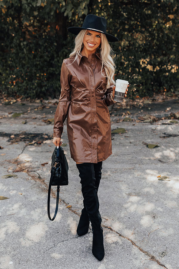 Own The World Faux Leather Dress In Chocolate Own The World Faux Leather Dress In Chocolate
