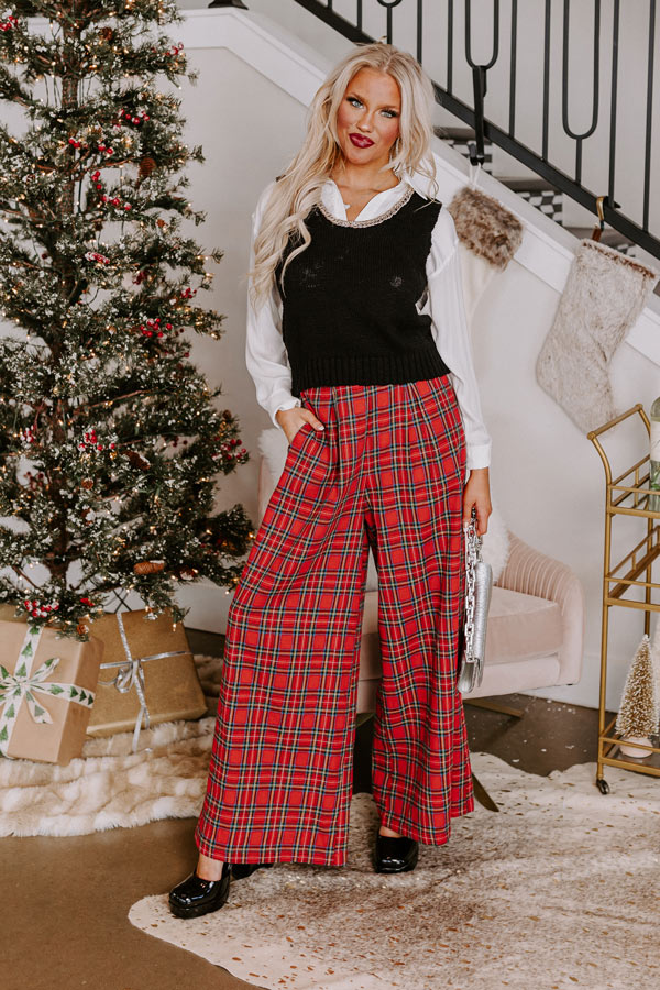 christmas plaid dress pants women's Women's Tartan Plaid Print Pants High Waisted Wide Leg Baggy Palazzo Pants with Belt Red at Amazon Women's Clothing store