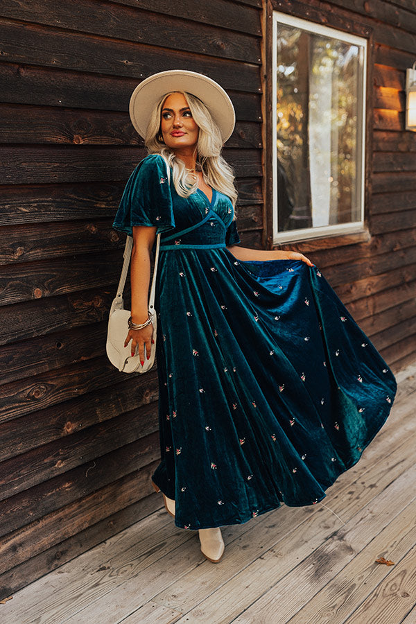 Boho Vibes Embroidered Velvet Midi in Teal Boho Vibes Embroidered Velvet Midi in Teal
