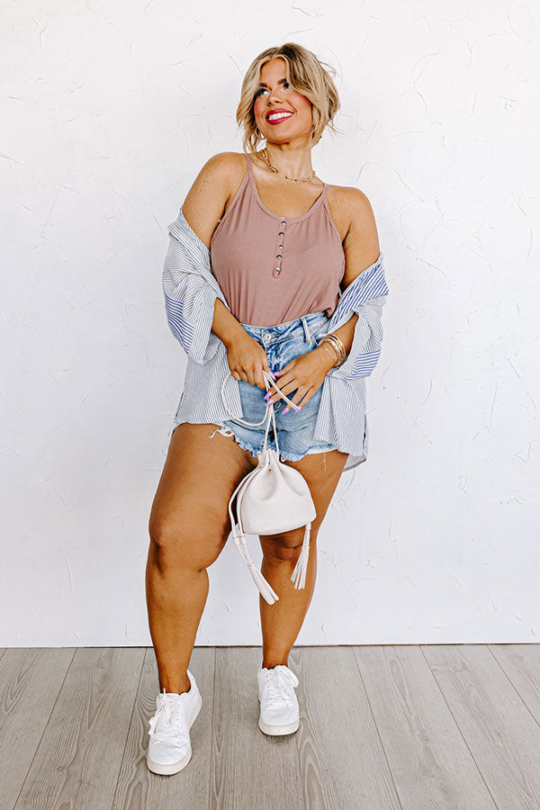 Party Perfection Ribbed Henley Tank In Taupe Curves