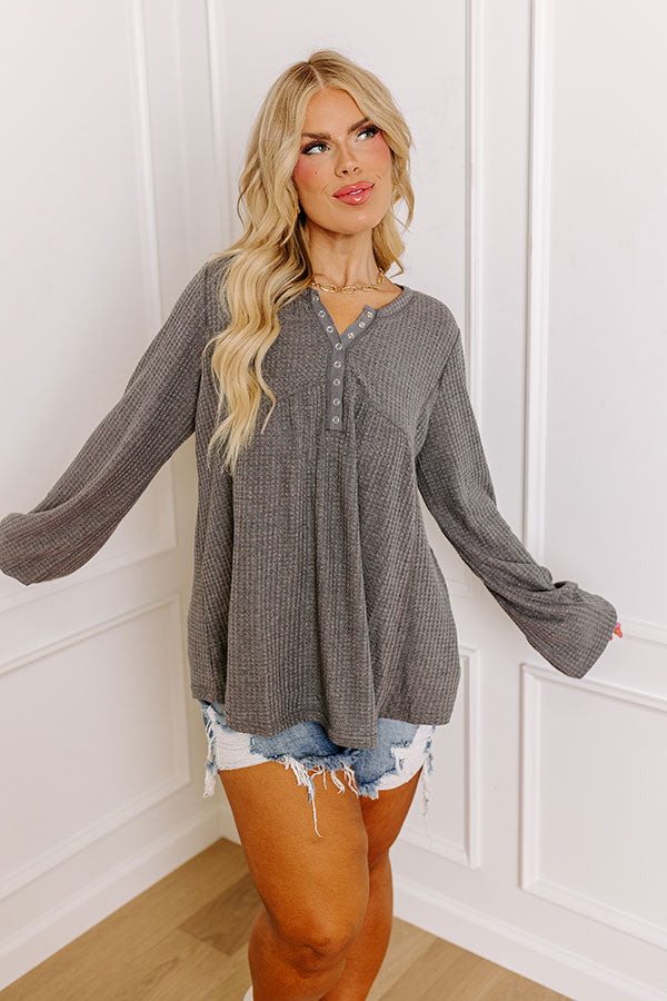 Sweet And Sincere Waffle Knit Top In Dark Grey Curves