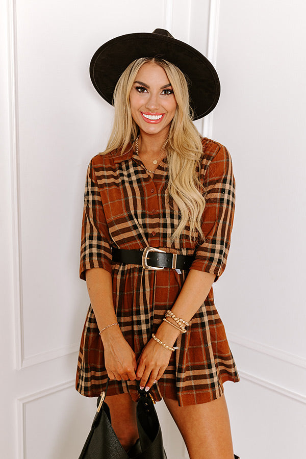 Cheery Mood Plaid Tunic Dress in Dark Camel