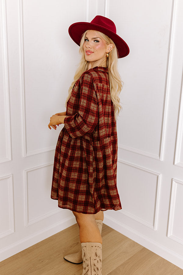 Cheery Mood Plaid Tunic Dress in Wine Curves