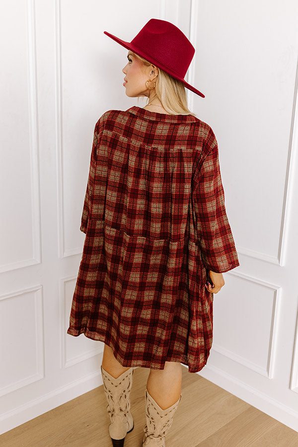 Cheery Mood Plaid Tunic Dress in Wine Curves