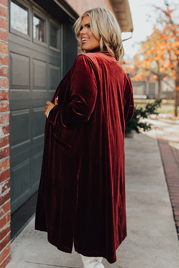 Romance Awaits Velvet Coat in Rust Curves