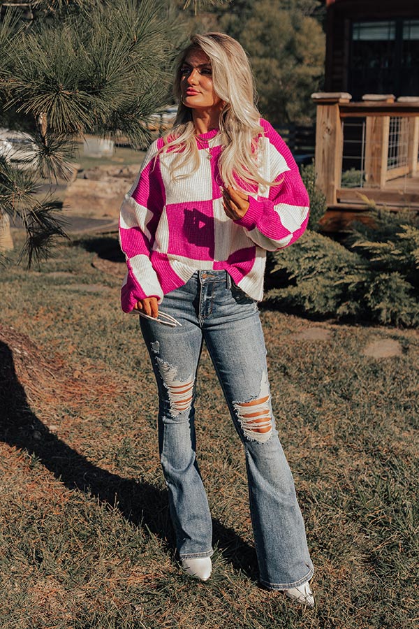 Hear The Beat Checkered Sweater In Fuchsia