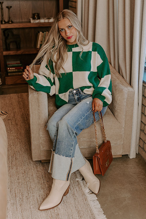 Hear The Beat Checkered Sweater In Hunter Green