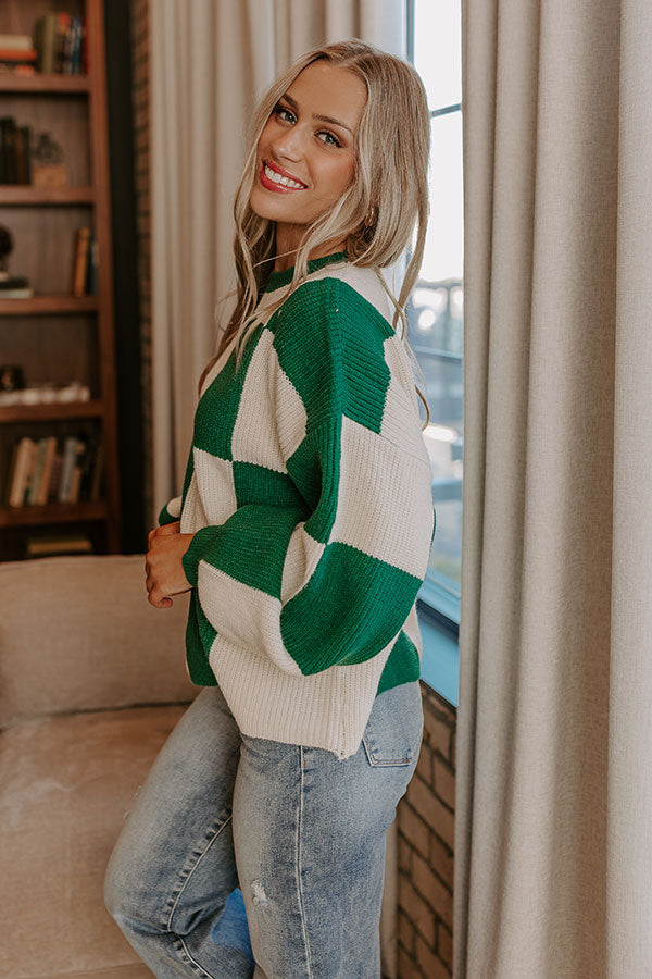 Hear The Beat Checkered Sweater In Hunter Green