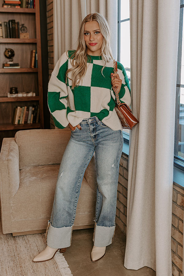 Hear The Beat Checkered Sweater In Hunter Green