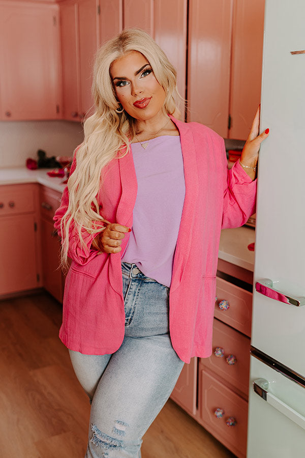 Good For The Plot Linen Blend Blazer In Pink Curves