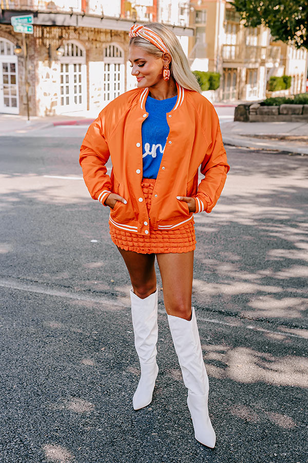 Orange bomber jacket outlet outfit