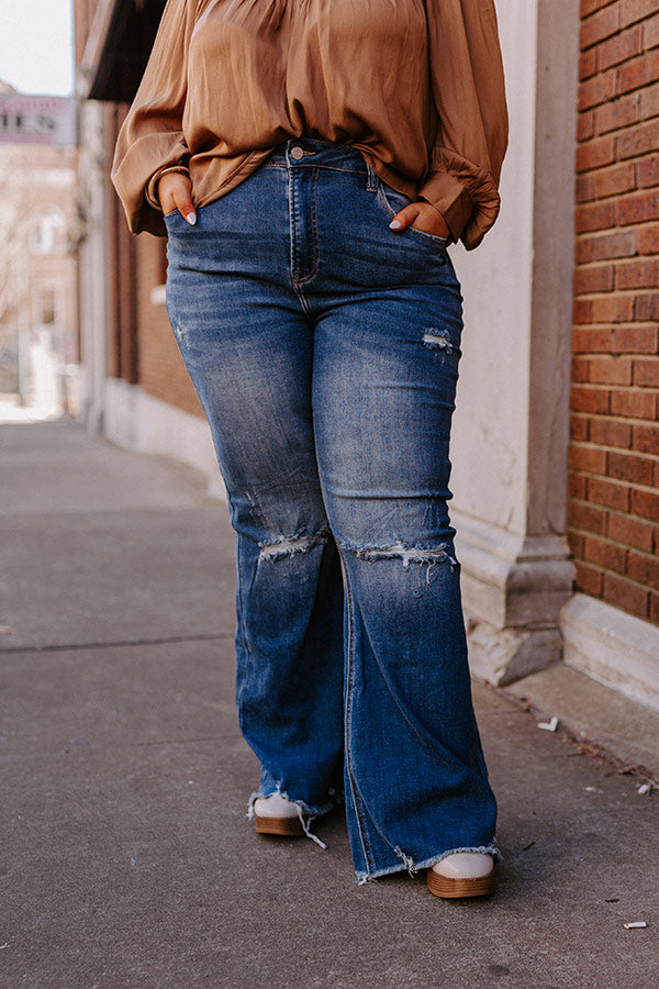 Risen The Laura High Waist Distressed Flare In Dark Wash Curves