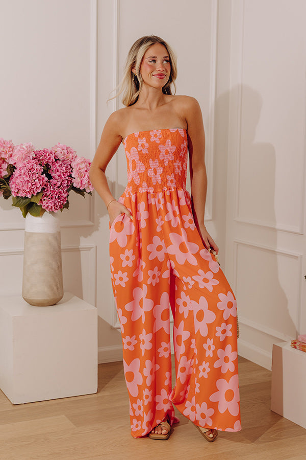 Loft Party Smocked Floral Jumpsuit in Orange Image - 3