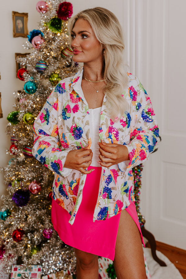 Prosecco Splash Sequin Button Up in White