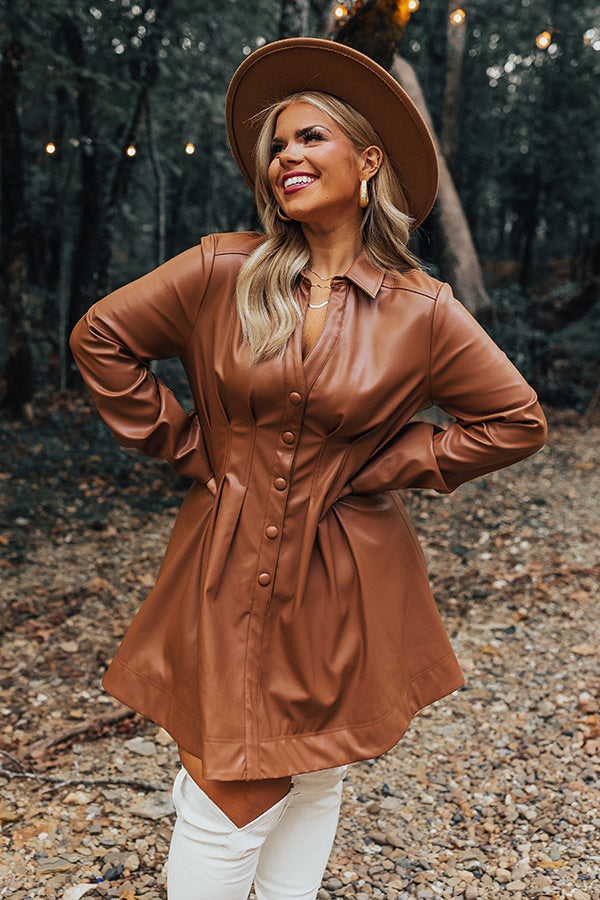 Mostly Amused Faux Leather Dress in Camel Curves