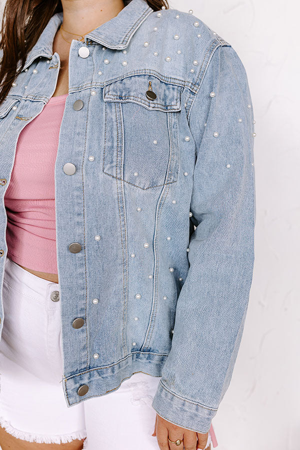 The Juni Embellished Denim Jacket In Light Wash Curves