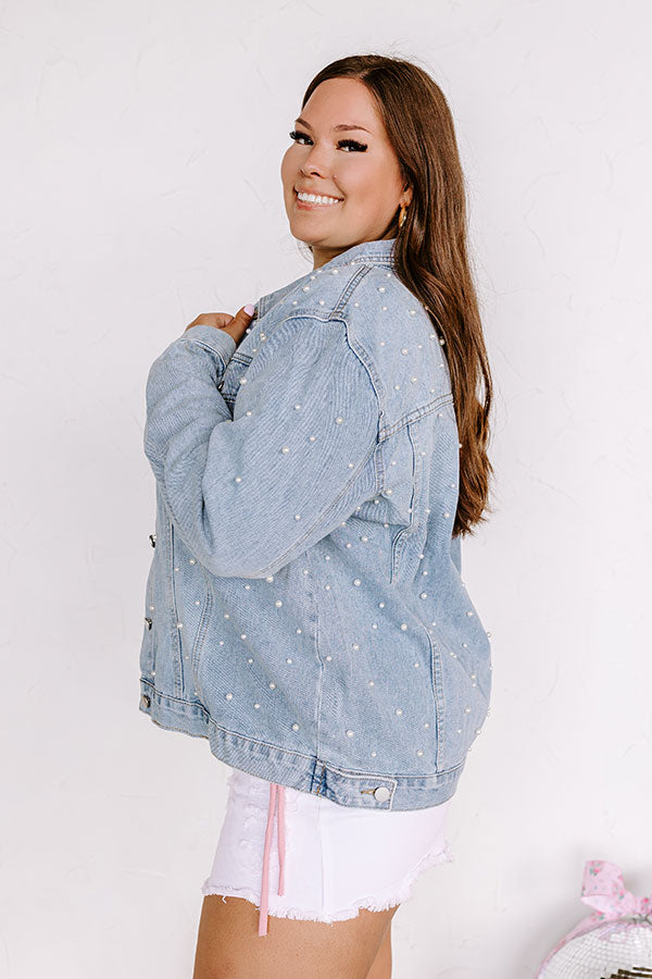 The Juni Embellished Denim Jacket In Light Wash Curves