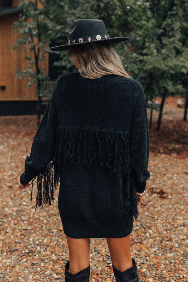 Fall Latte Fringe Sweater Dress in Black