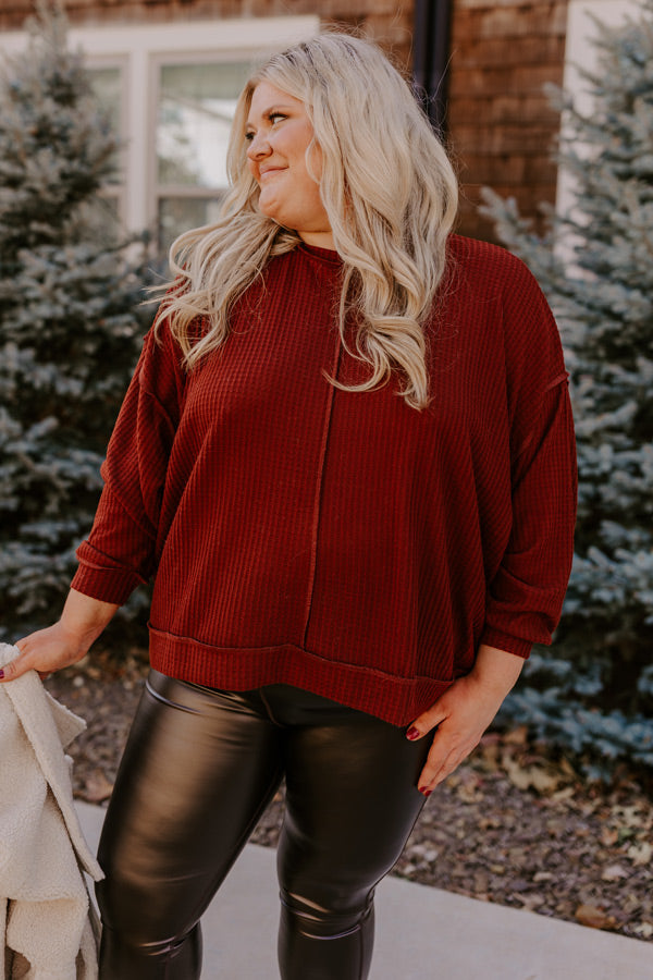 Cozy Little Spot Waffle Knit Top in Dark Rust Curves