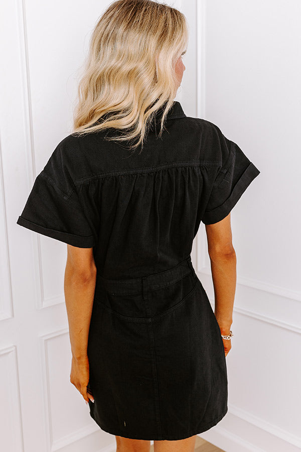 black denim dress short sleeve Gretanique Women's Summer Short Sleeve Single-Breasted Slim Casual Denim Dress Black