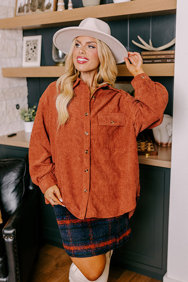 On My Mind Corduroy Button Up In Rust Curves