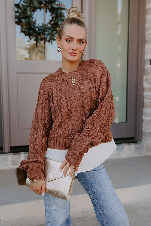 Thriving Weekend Cable Knit Sweater Top In Brown   