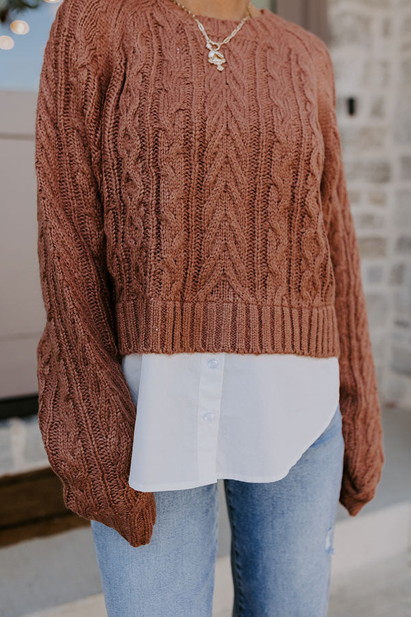 Thriving Weekend Cable Knit Sweater Top In Brown   