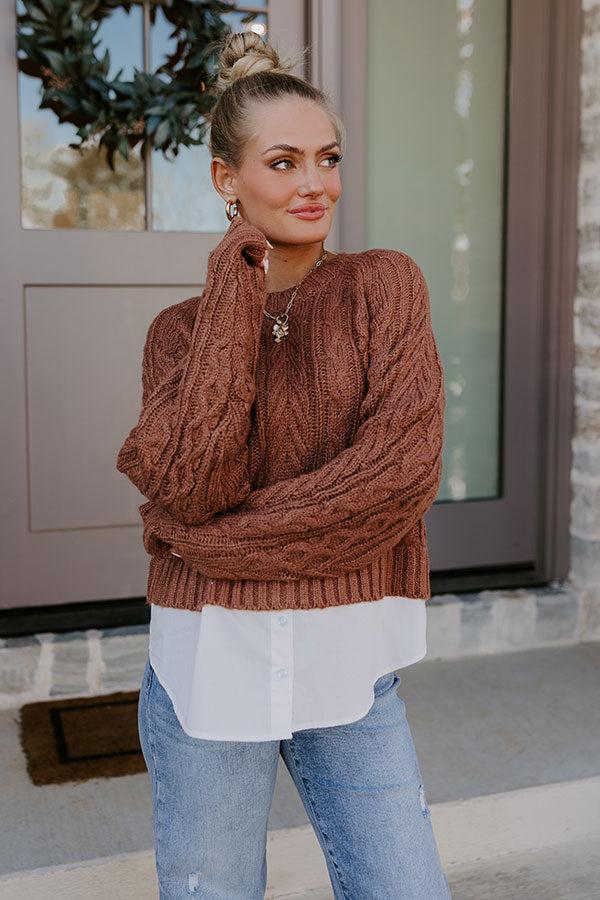 Thriving Weekend Cable Knit Sweater Top In Brown