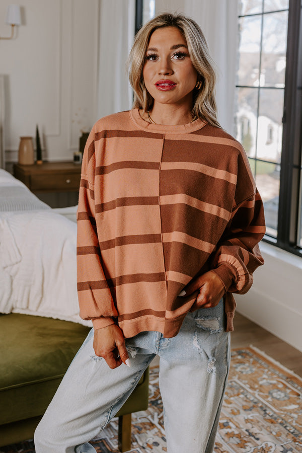 Cafe Patio Stripe Sweater Top In Chocolate   