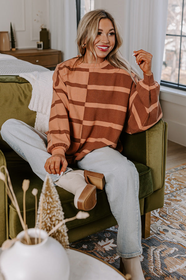 Cafe Patio Stripe Sweater Top In Chocolate   