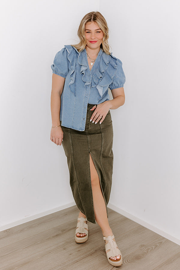 The Maris High Waist Denim Skirt in Olive