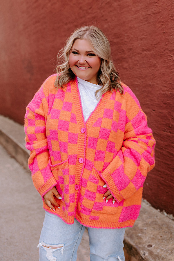 Around The Block Checkered Cardigan in Hot Pink Curves