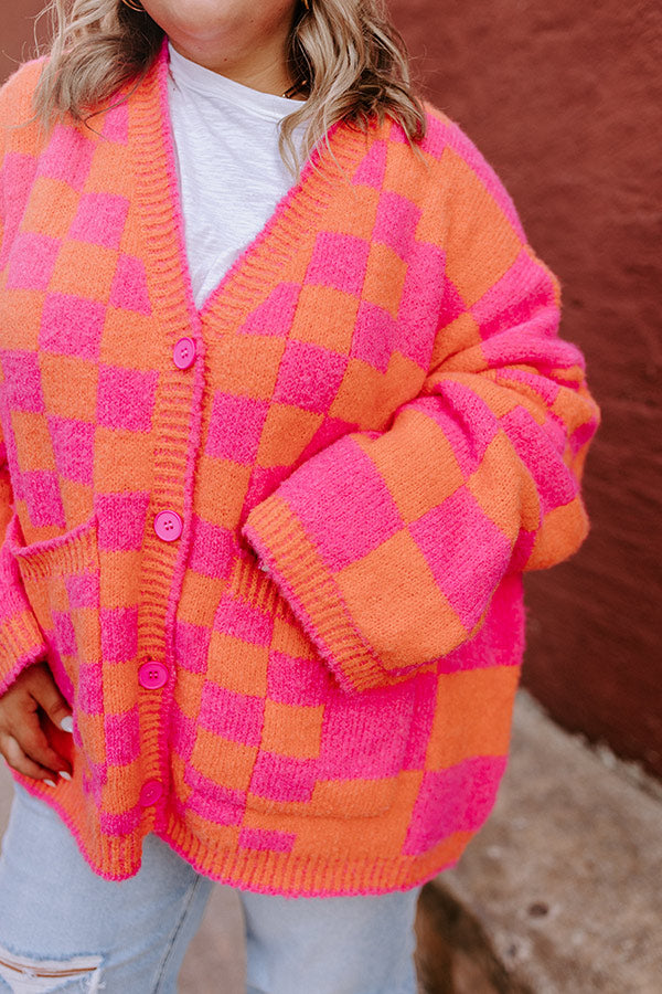 Around The Block Checkered Cardigan in Hot Pink Curves