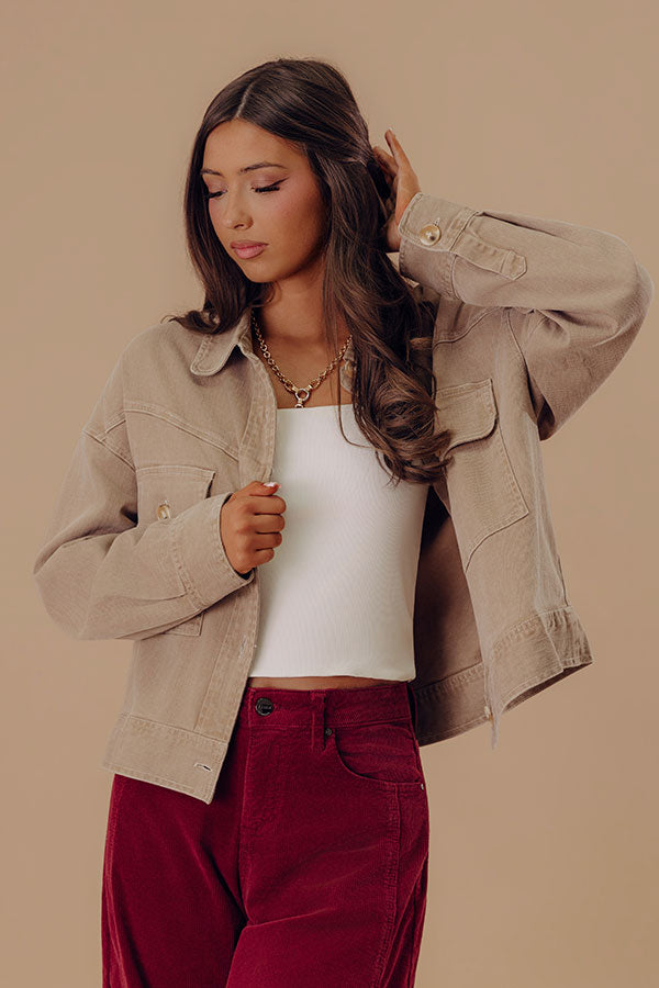 Fact Or Fiction Denim Jacket In Warm Taupe