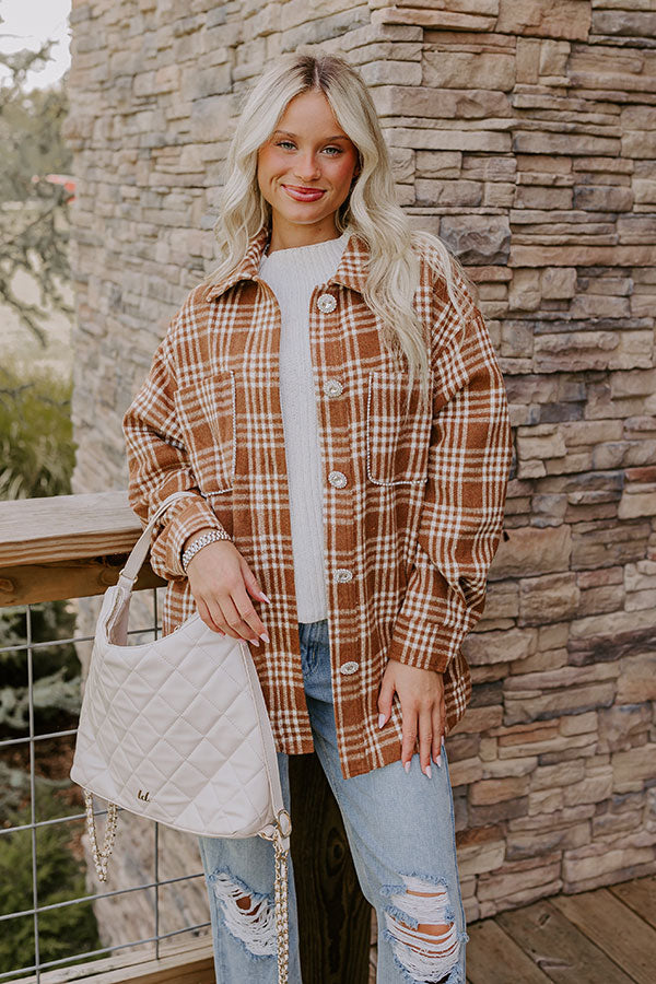 Start The Bonfire Embellished Plaid Jacket in Chocolate