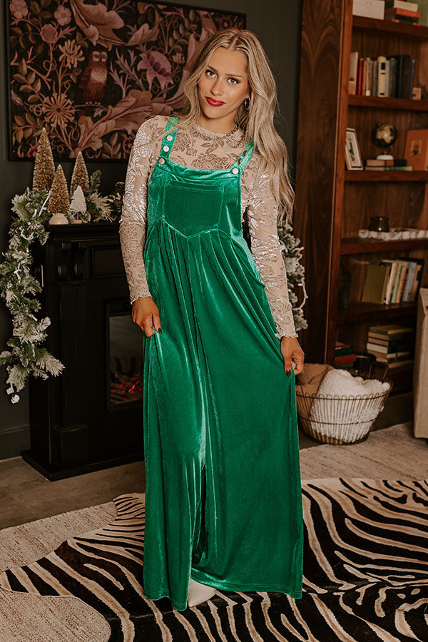 Evergreen State Of Mind Velvet Jumpsuit In Green