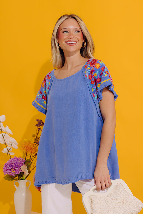 Loving The Sun Embroidered Top In Airy Blue