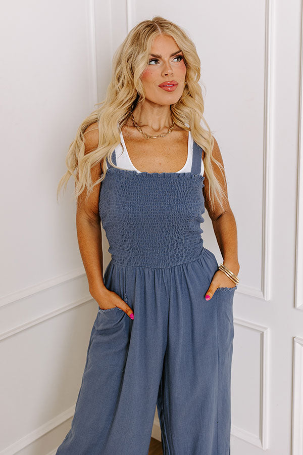 Gather The Courage Smocked Jumpsuit In Blue Curves