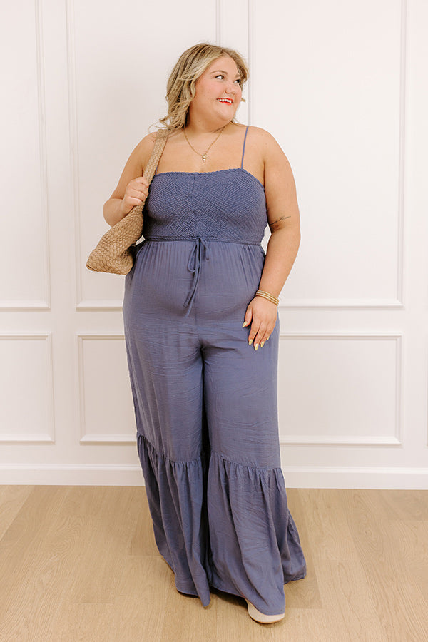 Desirable Destination Smocked Jumpsuit In Autumn Sky Curves