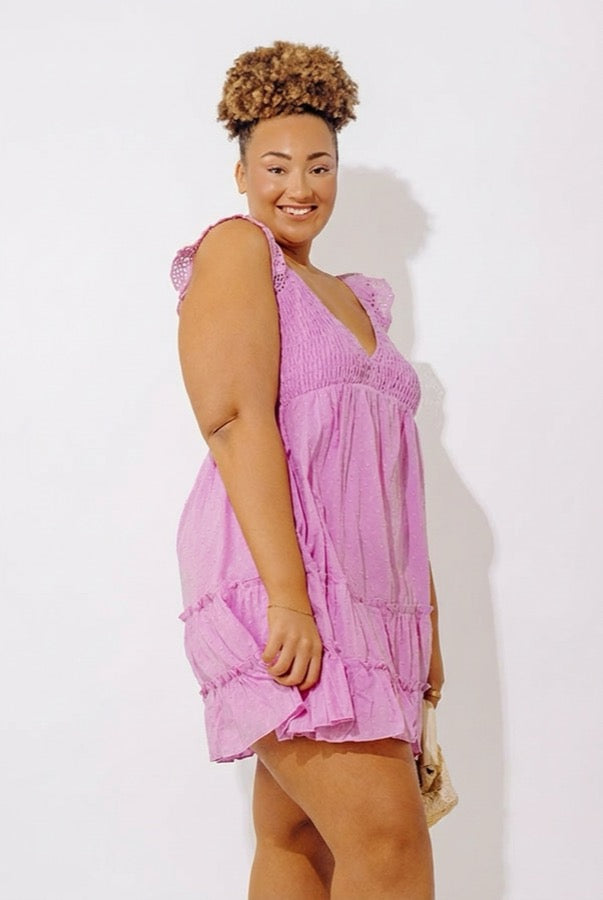 Sweetly Styled Smocked Tiered Mini Dress In Dusty Purple Curves Image - 2