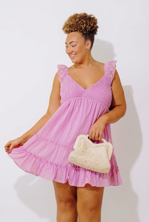 Sweetly Styled Smocked Tiered Mini Dress In Dusty Purple Curves Image - 4