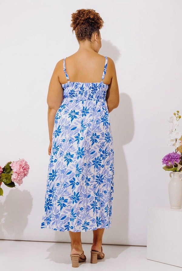 Tranquil Time Floral Midi Dress in Ocean Blue Curves Image - 4
