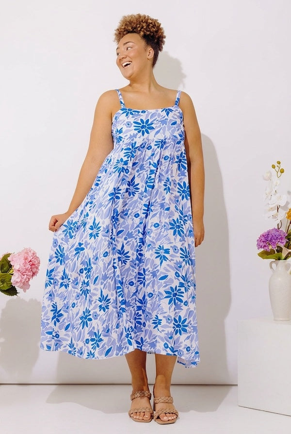 Tranquil Time Floral Midi Dress in Ocean Blue Curves Image - 2