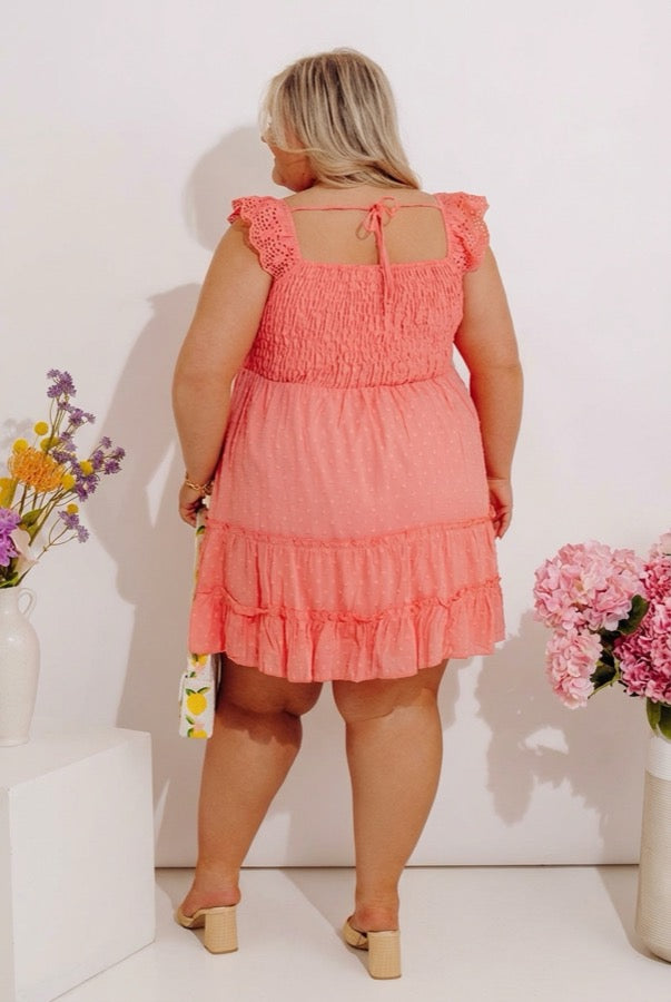 Sweetly Styled Smocked Tiered Mini Dress In Coral Curves Image - 3